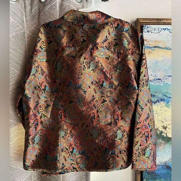 Chico's Jacket Womans Sz M Silk Blend Paisley Multicolor Metallic Button Pocket - Picture 2 of 16